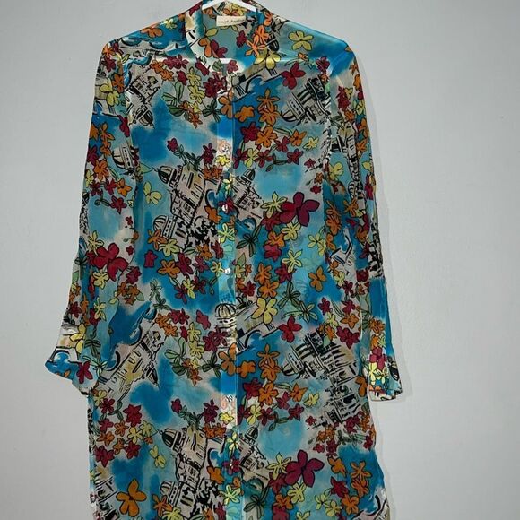 Marsh Landing Long Sleeve Silk Tunic Shirt Artsy Colorful Abstract Coastal - Picture 2 of 9